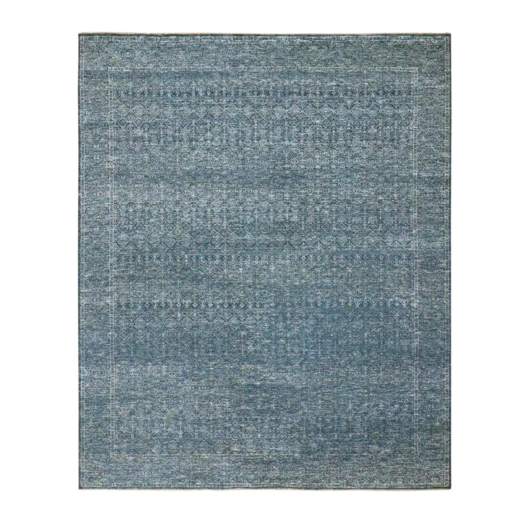 8'1"x10' Imperial Blue, Intricate Repetitive Geometric Tree Design, Tone on Tone, Hand Knotted, Wool and Silk, Oriental Rug 